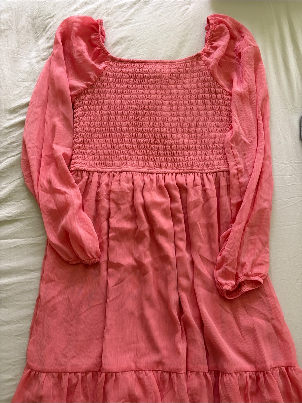 Coral Smocked Bodice Long Sleeve Dress